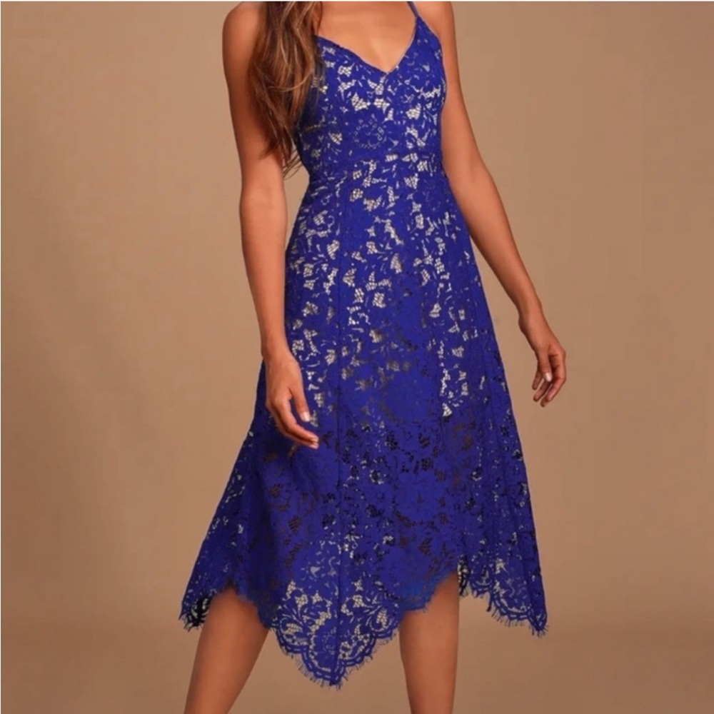 Lulu's Royal Blue Lace Midi Dress. Size Small